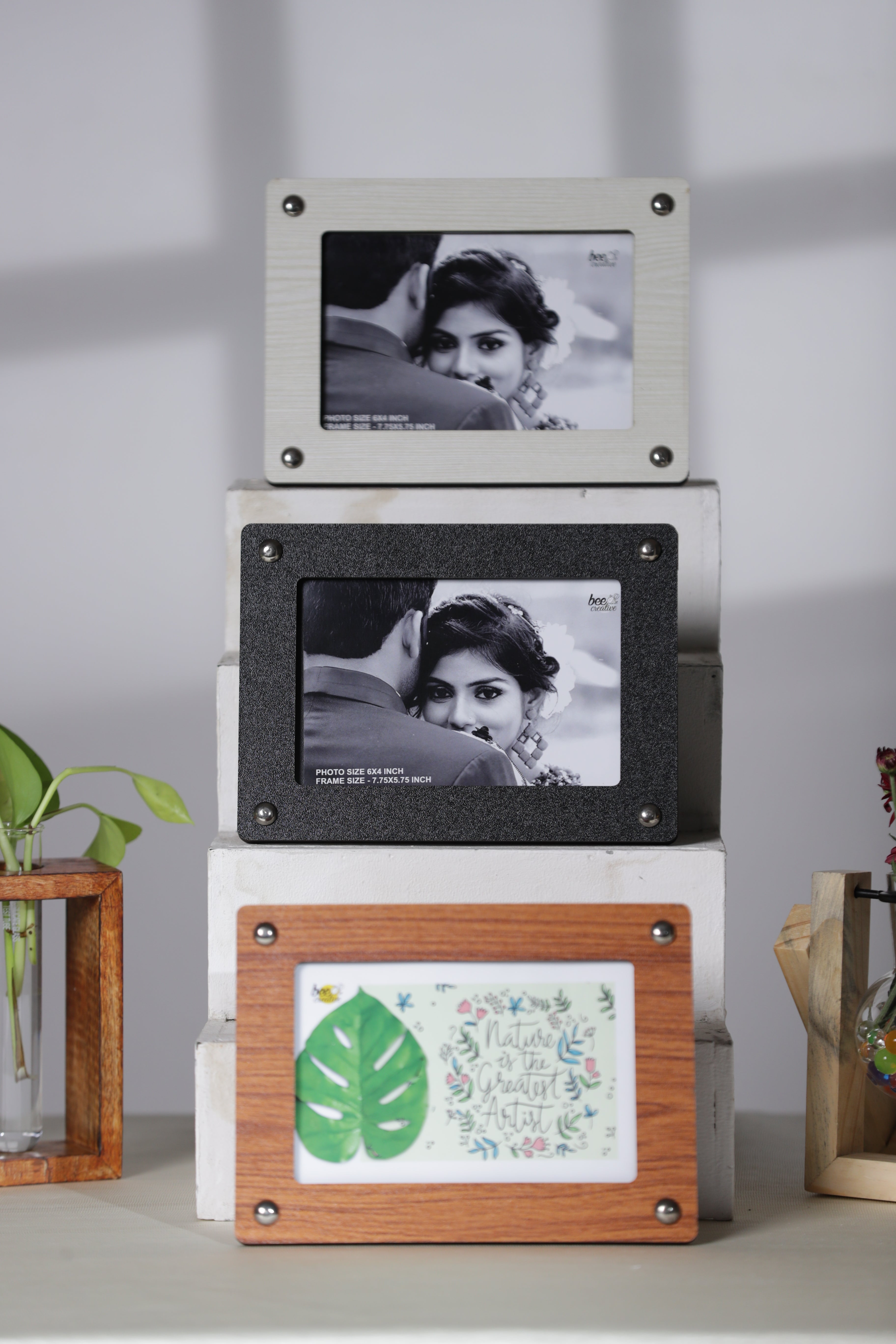 Wooden Desk Photo Frame - Set of 3 ( Black, Brown and White )