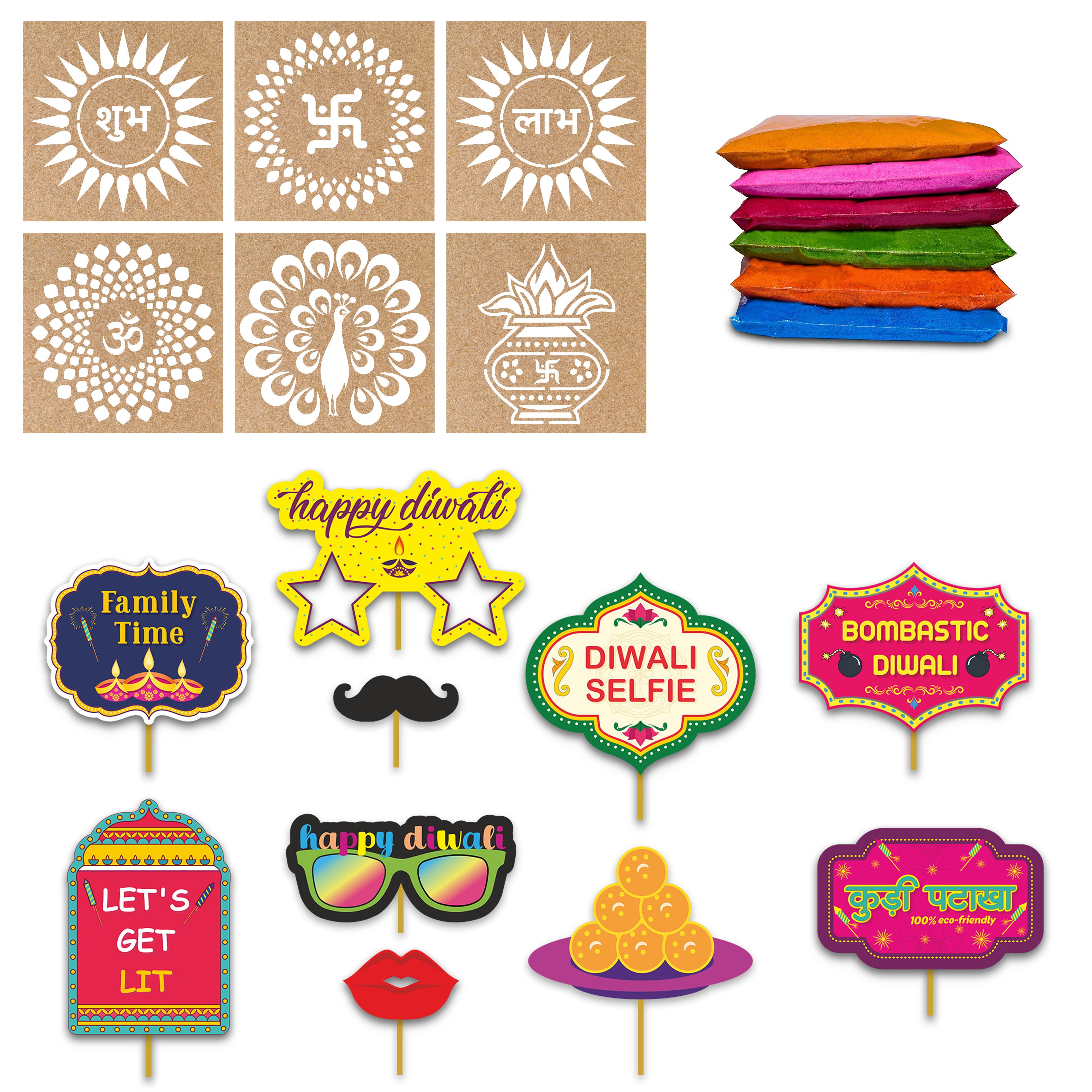 Combo Pack - Rangoli Stencils & Diwali Photo Props (Total Pcs-16)