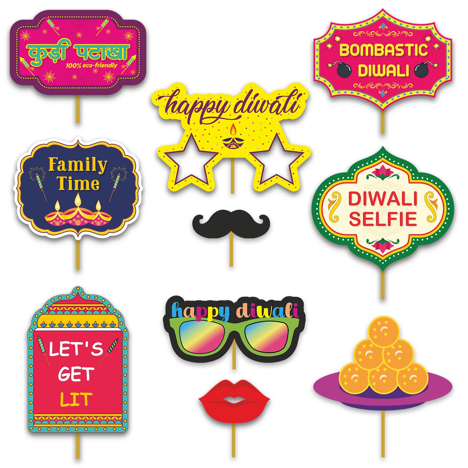 Combo Pack - Rangoli Stencils & Diwali Photo Props (Total Pcs-16)